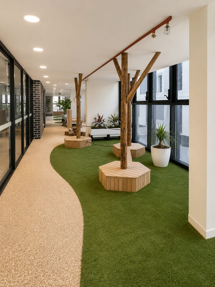 Box Hill Childcare — nature-play area with timber seating
